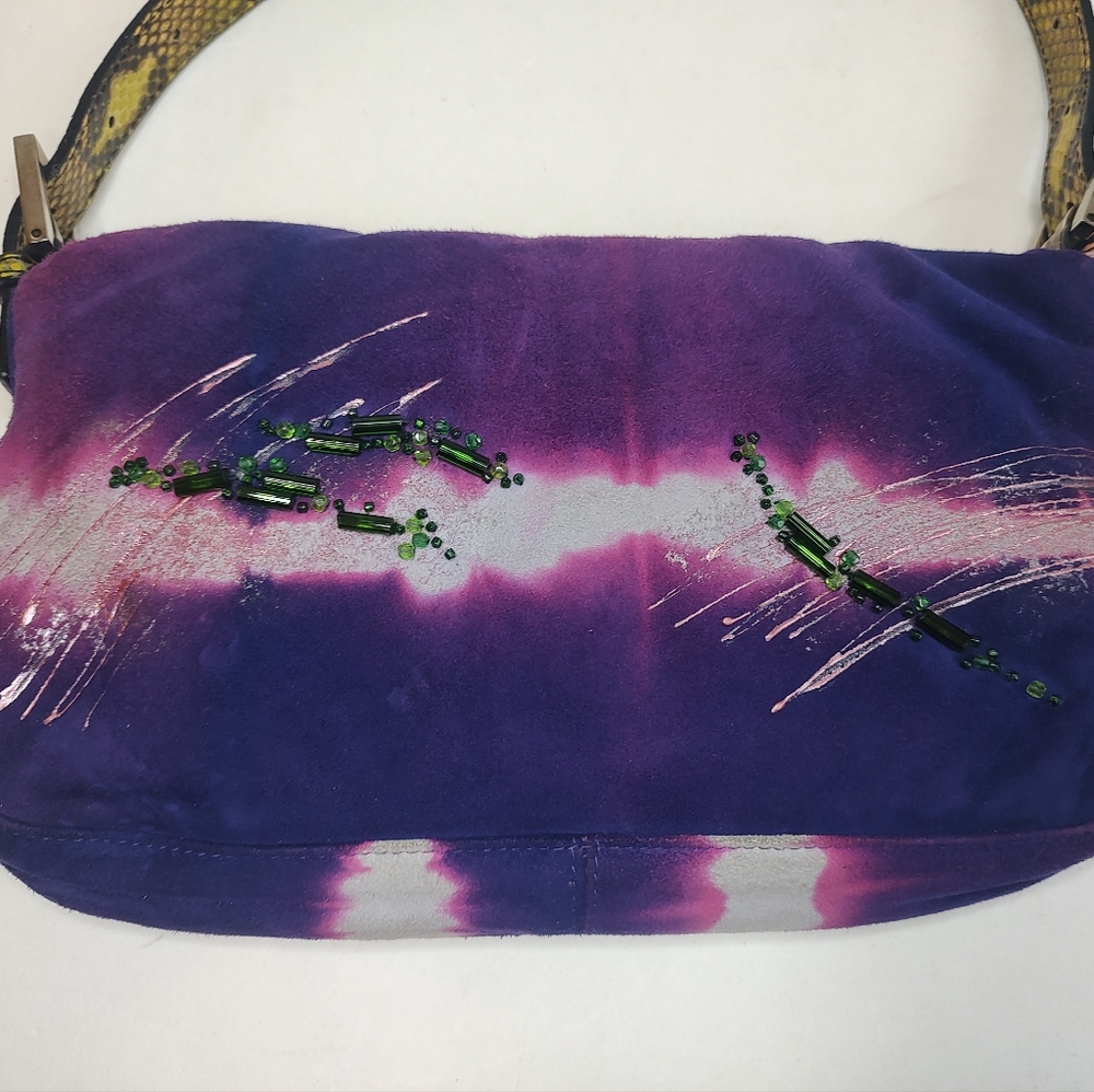 Fendi Suede Baguette Shoulder Bag NWT Beaded Python Flap Handbag Clutch Purple - Picture 11 of 16
